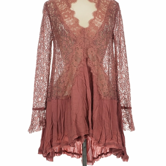 Free People Lace Long Sleeve Mini in Mauve - Picture 2 of 5